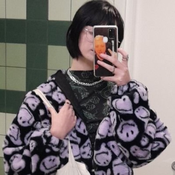 SMILEY x H&M Smiley Face Patterned jacket w Hoodie black and lilac size small - Picture 3 of 6